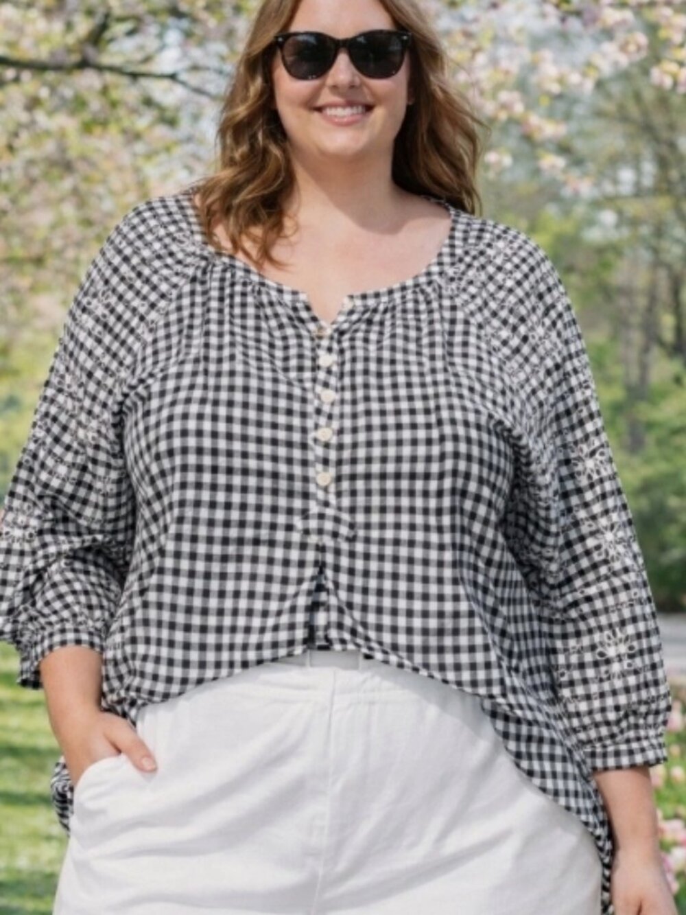 Westport Womens 2X Black & White Gingham Checkered Blouse W Embroidered Raglan